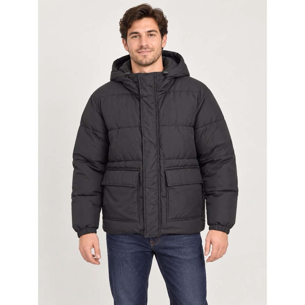 Old Navy Men's Medium Black Hooded Puffer Jacket Recycled Winter Coat 478103